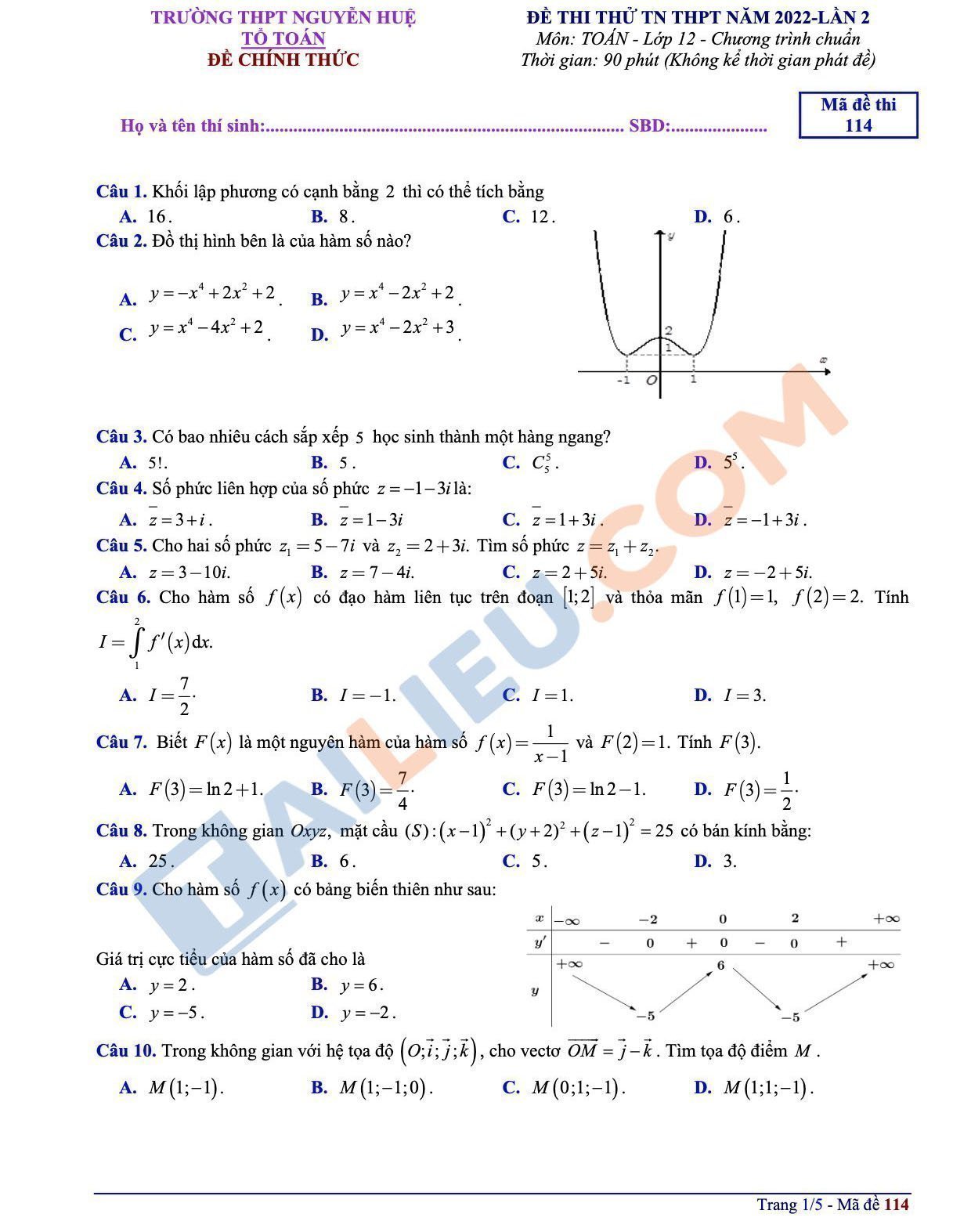 Đề thi thử THPT Quốc Gia 2022 môn Toán trường THPT Nguyễn Huệ - TT. Huế lần 2