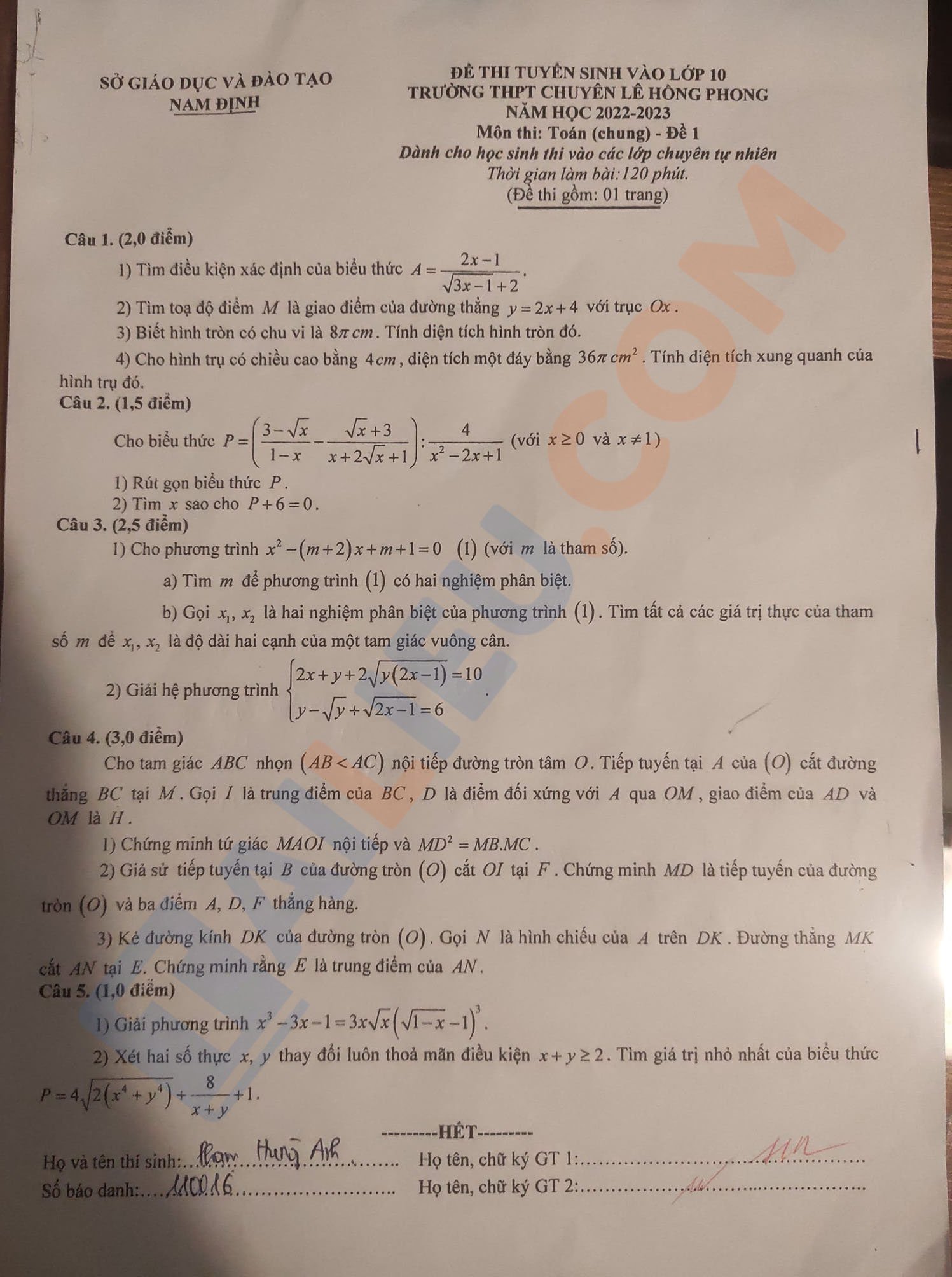 Đề thi tuyển sinh lớp 10 môn Toán 2022 Nam Định (có đáp án)