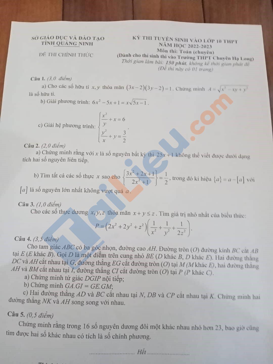 Đáp án đề thi tuyển sinh lớp 10 môn Toán Chuyên Hạ Long - Quảng Ninh (Đề chuyên)