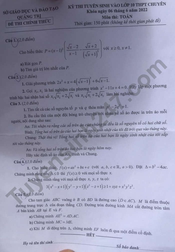 Đề thi vào lớp 10 môn Toán (Đề chuyên) 2022 Tỉnh Quảng Trị