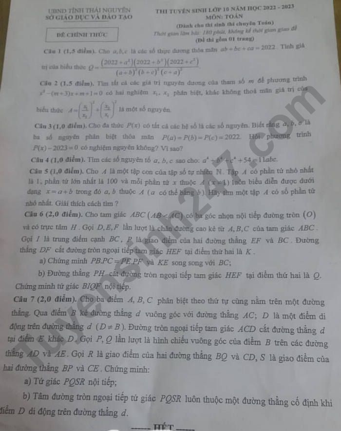 Đề thi tuyển sinh lớp 10 môn Toán 2022 Thái Nguyên - Đề chuyên