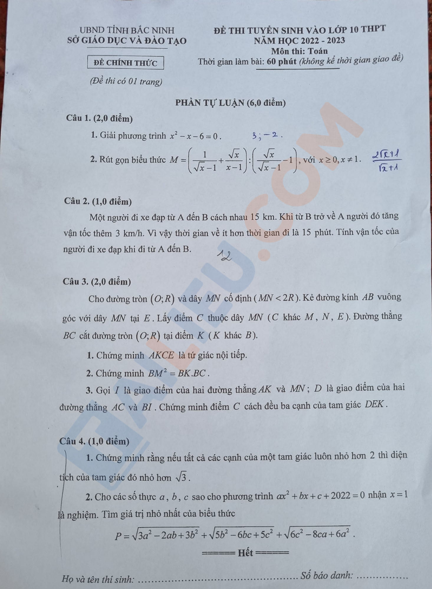 Đề thi tuyển sinh lớp 10 môn Toán 2022 Bắc Ninh - Đề chung