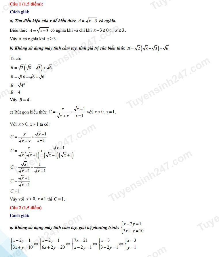 Đáp án đề thi tuyển sinh lớp 10 môn Toán 2022 Thừa Thiên Huế - Đề chung