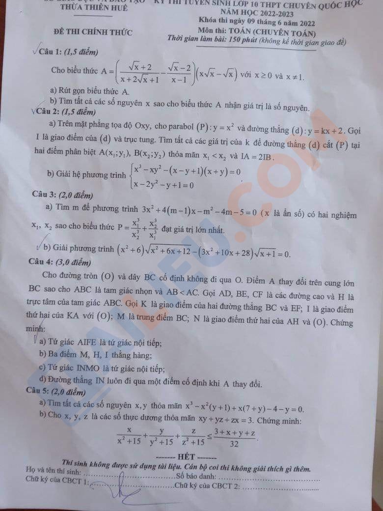 Đề thi tuyển sinh lớp 10 môn Toán 2022 Thừa Thiên Huế - Đề chuyên