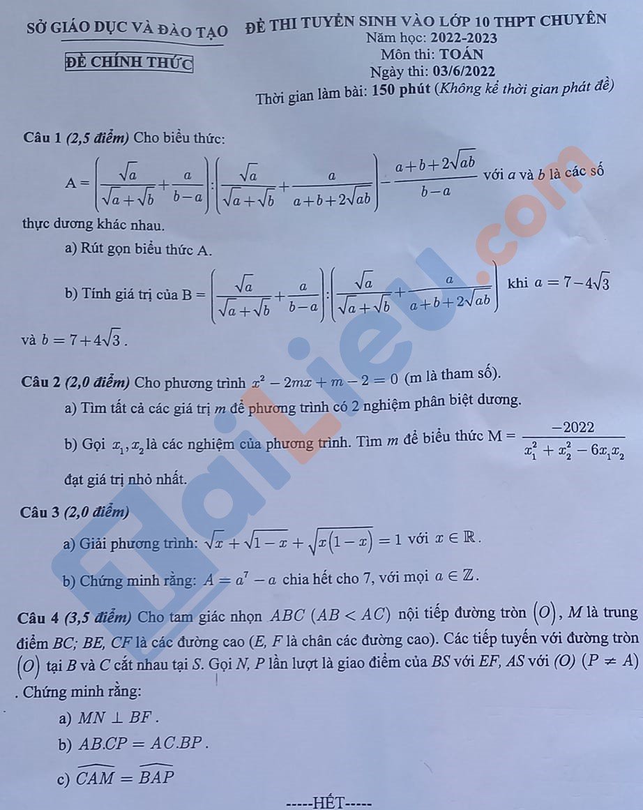 Đề tuyển sinh lớp 10 môn Toán 2022 Bình Dương ​​​​​​​chính thức (đề chuyên)