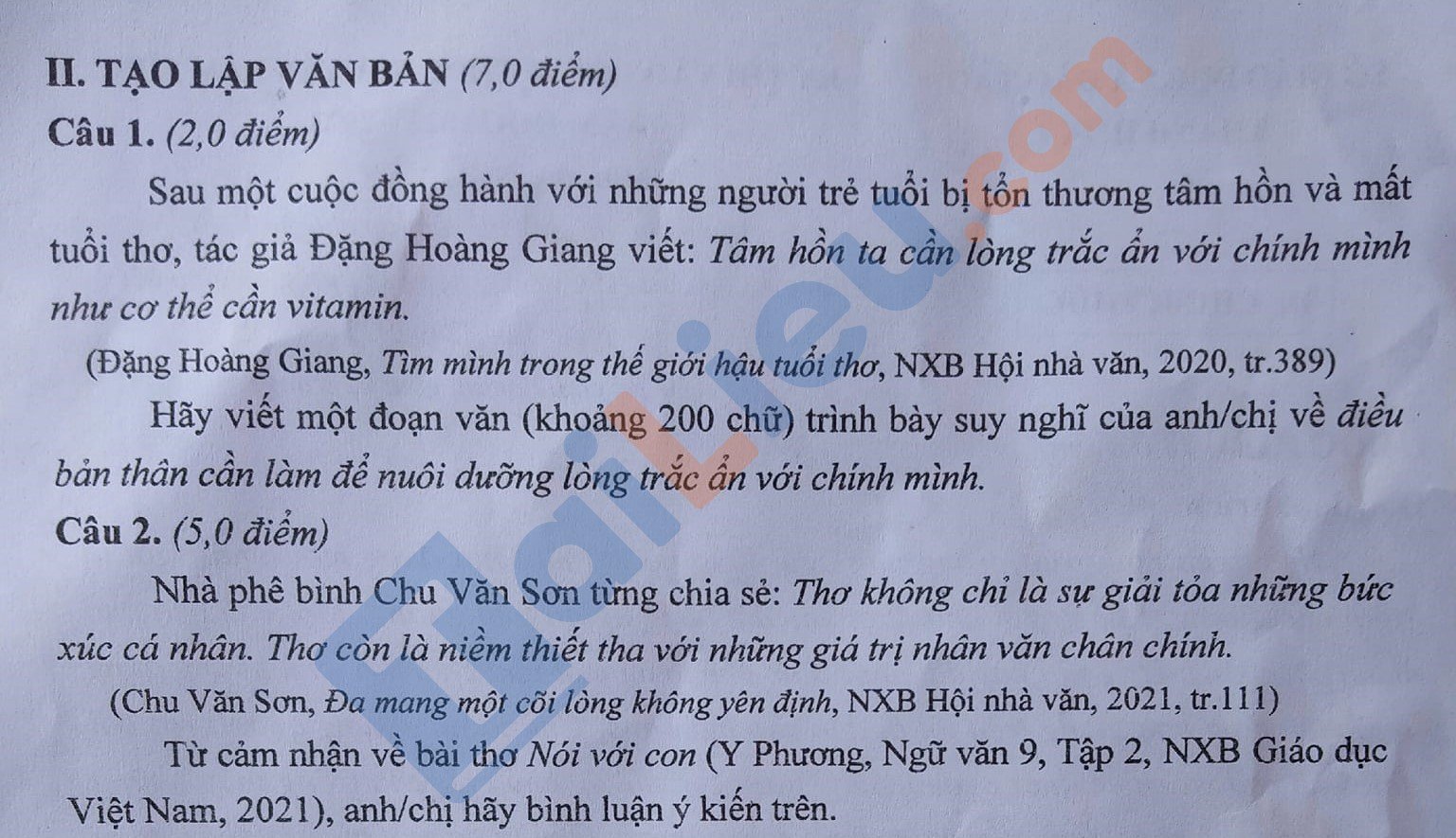 Đề tuyển sinh lớp 10 môn Văn 2022 Chuyên Lam Sơn - Thanh Hóa​​​​​​​ chính thức (đề chuyên)