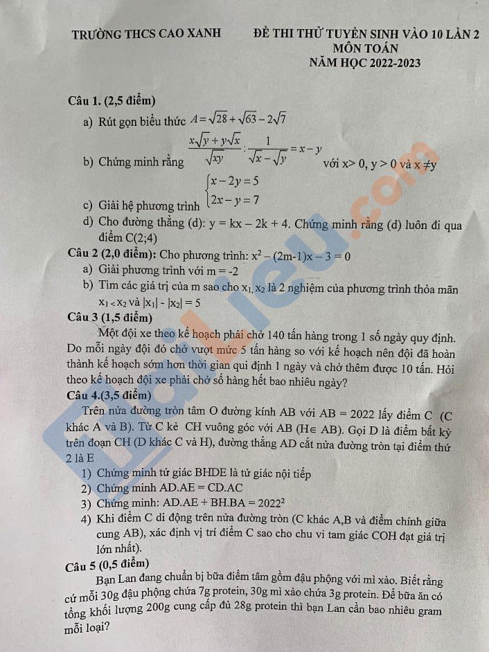 Đề thi thử vào 10 môn Toán lần 2 THCS Cao Xanh - Quảng Ninh 2022