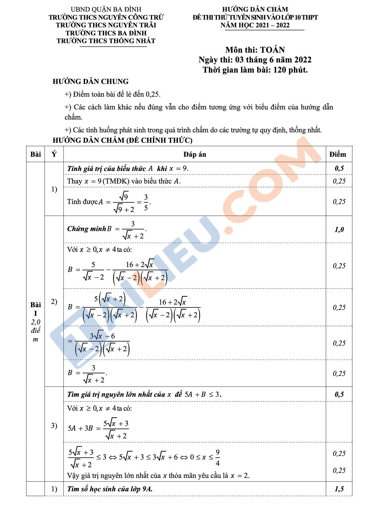 Đáp án đề thi thử vào 10 môn Toán năm 2022 THCS cụm trường THCS Quận Ba Đình - Hà Nội