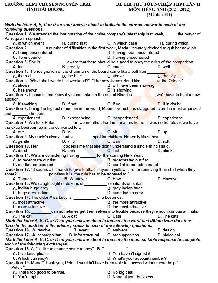 Đề thi thử THPT Quốc gia 2022 môn Anh (có đáp án) Chuyên Nguyễn Trãi - Hải Dương lần 2
