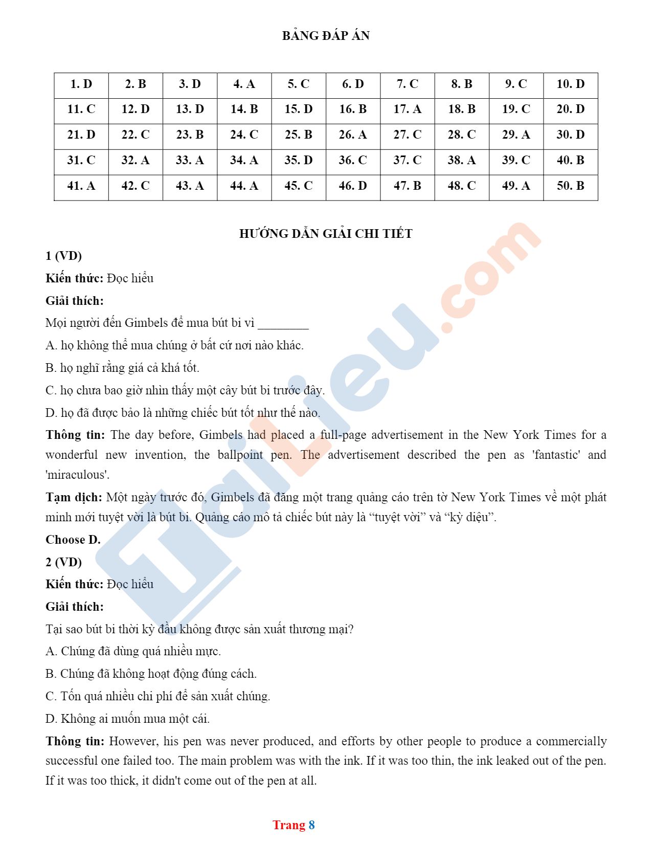 Đáp án đề thi thử THPT Quốc gia 2022 môn Anh Sở GD&ĐT Bắc Ninh lần 3