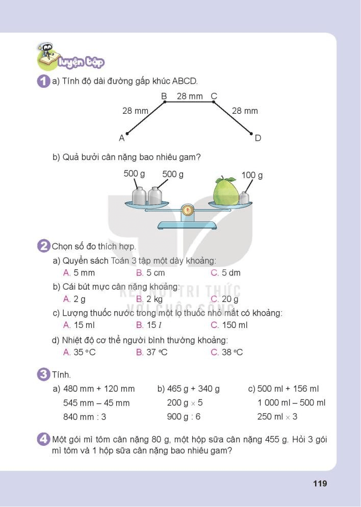 Toán lớp 3 trang 118, 119 Bài 43: Ôn tập hình học và đo lường | Kết nối tri thức