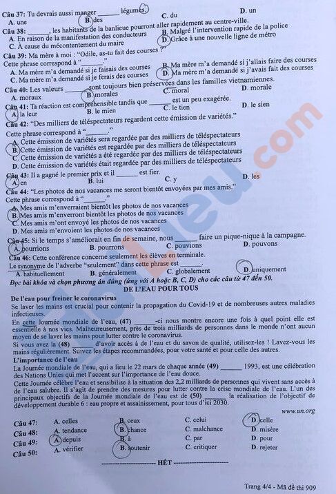 Đề thi Tiếng Pháp THPT Quốc gia 2022 mã đề 909
