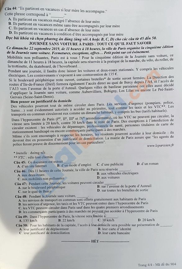 Đề thi tiếng Pháp THPT Quốc gia 2022 mã đề 904