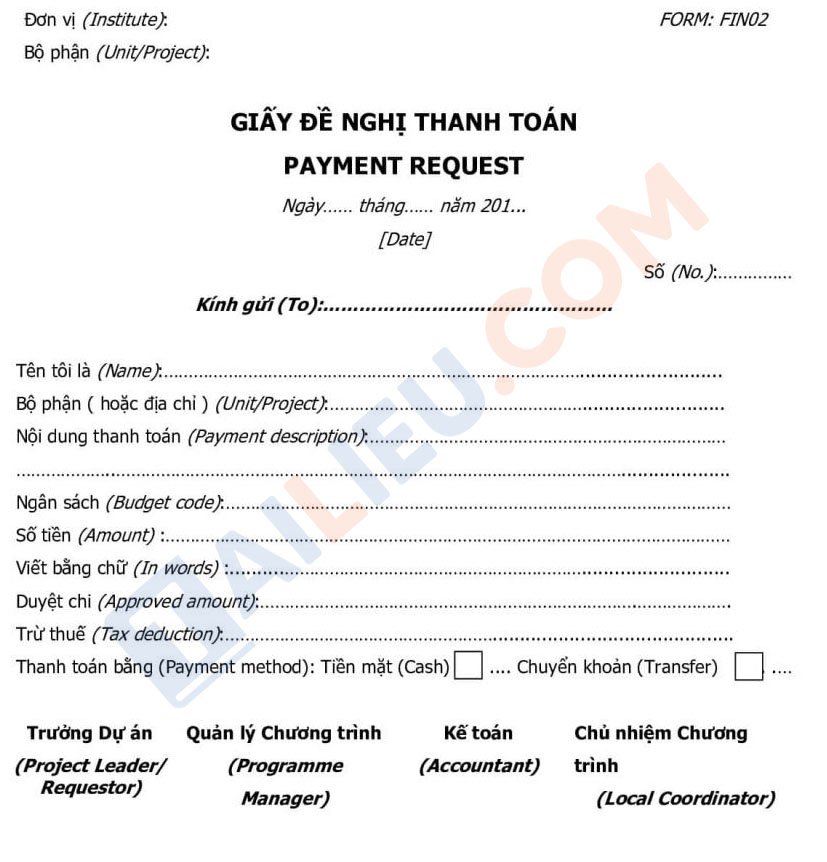 Mẫu giấy đề nghị thanh toán song ngữ (tiếng Anh) thông dụng