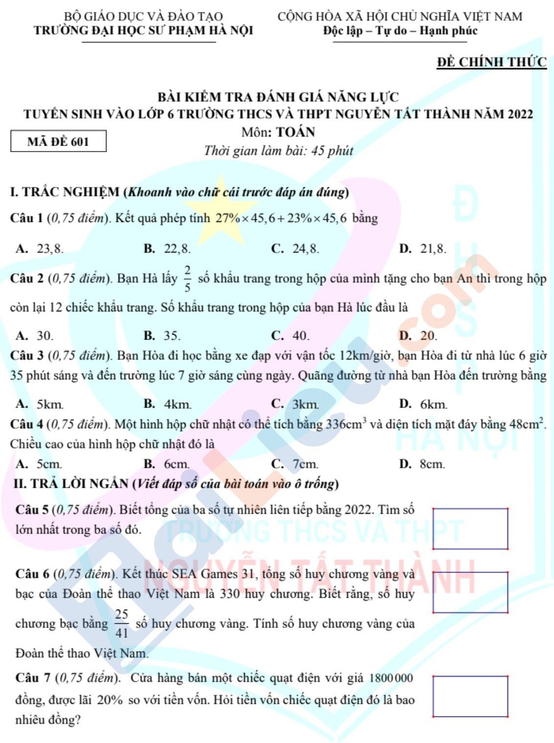 Đề kiểm tra ĐGNL tuyển sinh vào lớp 6 môn Toán THCS-THPT Nguyễn Tất Thành - Hà Nội 2022