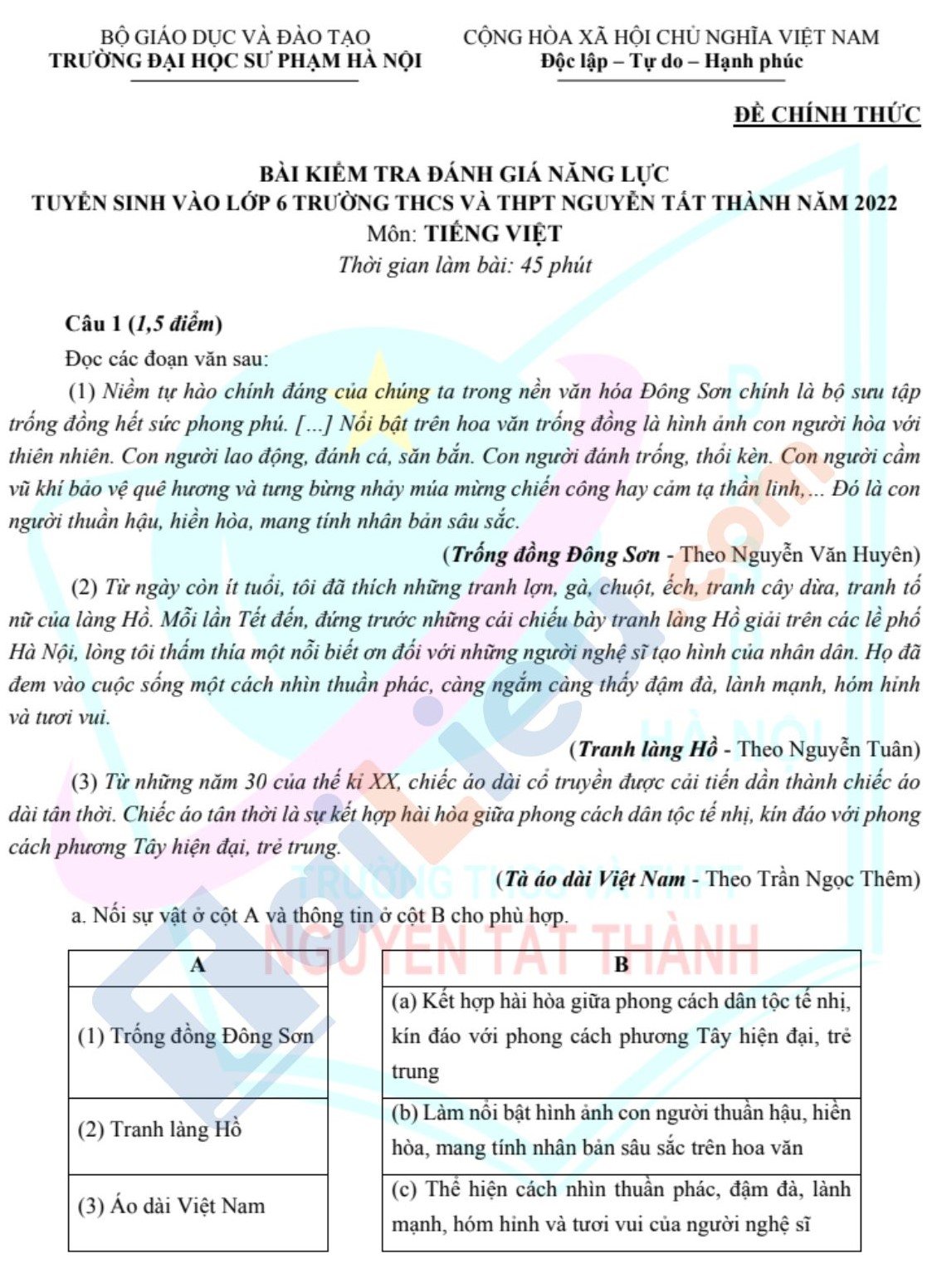 Đề kiểm tra ĐGNL tuyển sinh vào lớp 6 môn Văn THCS-THPT Nguyễn Tất Thành - Hà Nội 2022