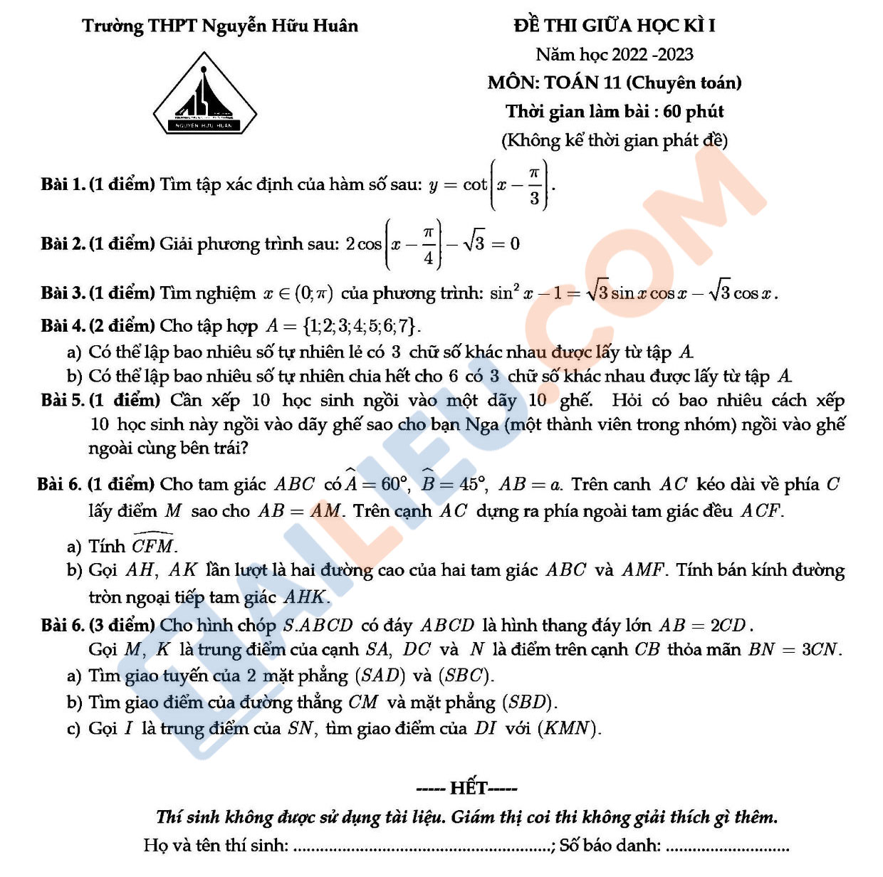 Đề thi giữa kì 1 Toán 11 năm 2022 - 2023 THPT Nguyễn Hữu Huân - TP HCM