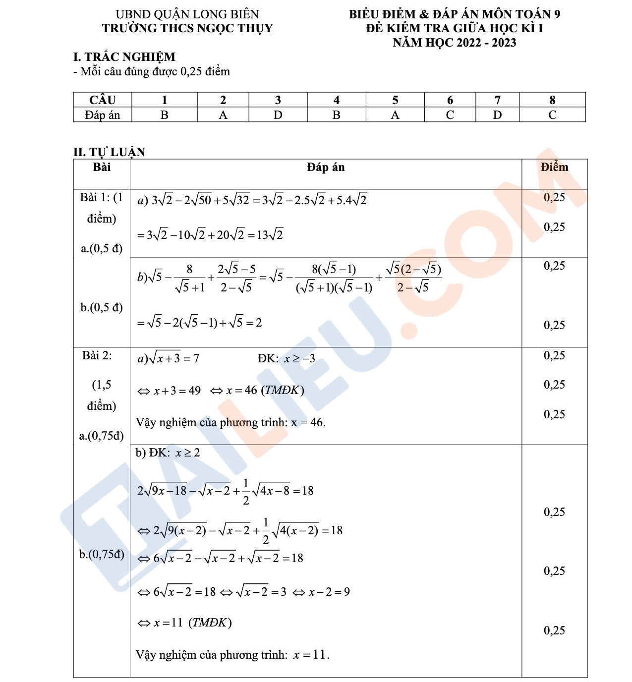 Đáp án đề thi Toán giữa học kì 1 lớp 9 năm 2022 - 2023 THCS Ngọc Thụy - Hà Nội