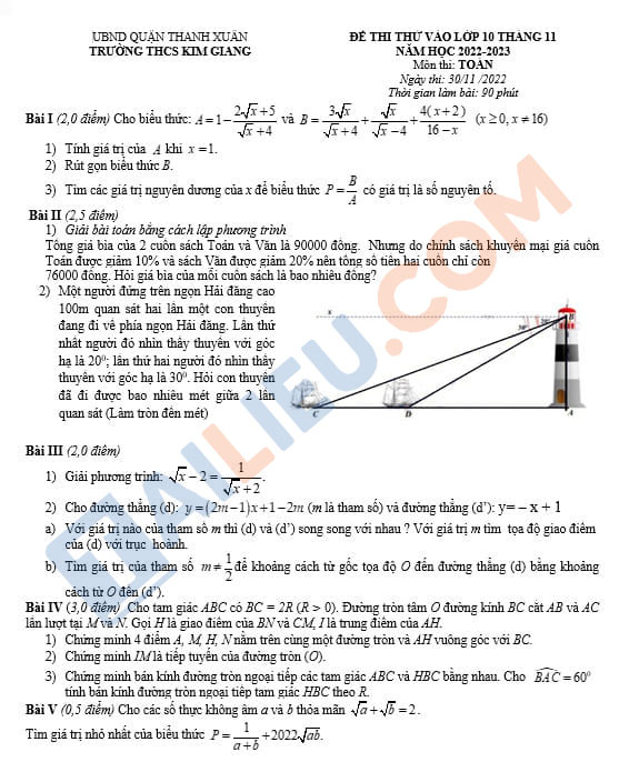 Đề thi thử vào lớp 10 môn Toán năm 2022 - 2023 THCS Kim Giang - Hà Nội