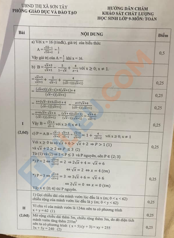 Đáp án đề KSCL Toán 9 năm 2022 - 2023 thị xã Sơn Tây - Hà Nội