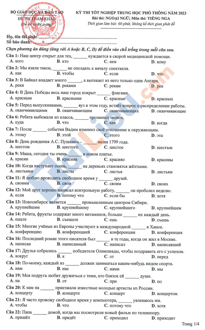 Đề tham khảo môn tiếng Nga thi tốt nghiệp THPT năm 2023 chính thức_1