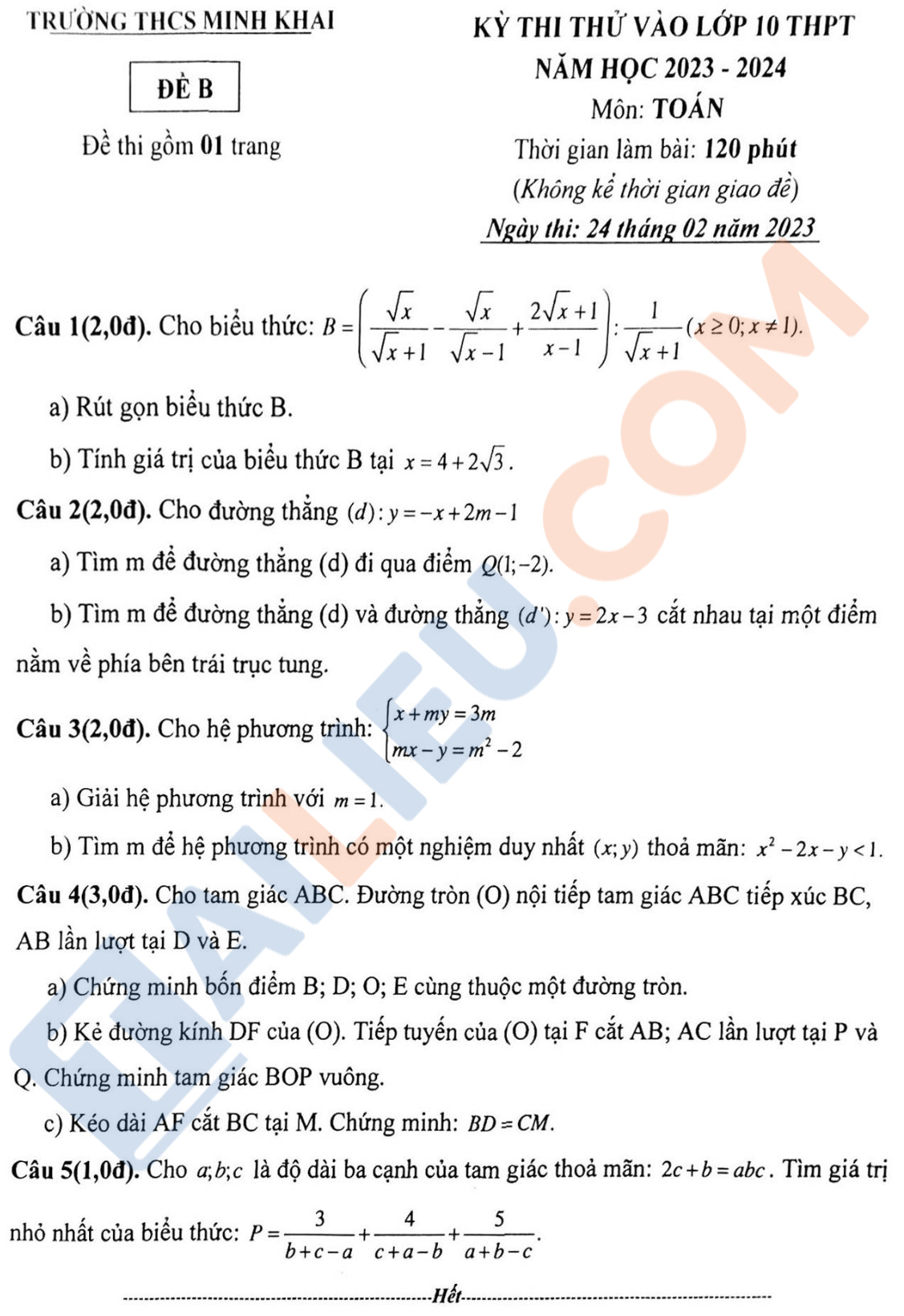 Đề thi thử vào lớp 10 môn Toán năm 2023 - 2024 trường THCS Minh Khai - Hà Nội