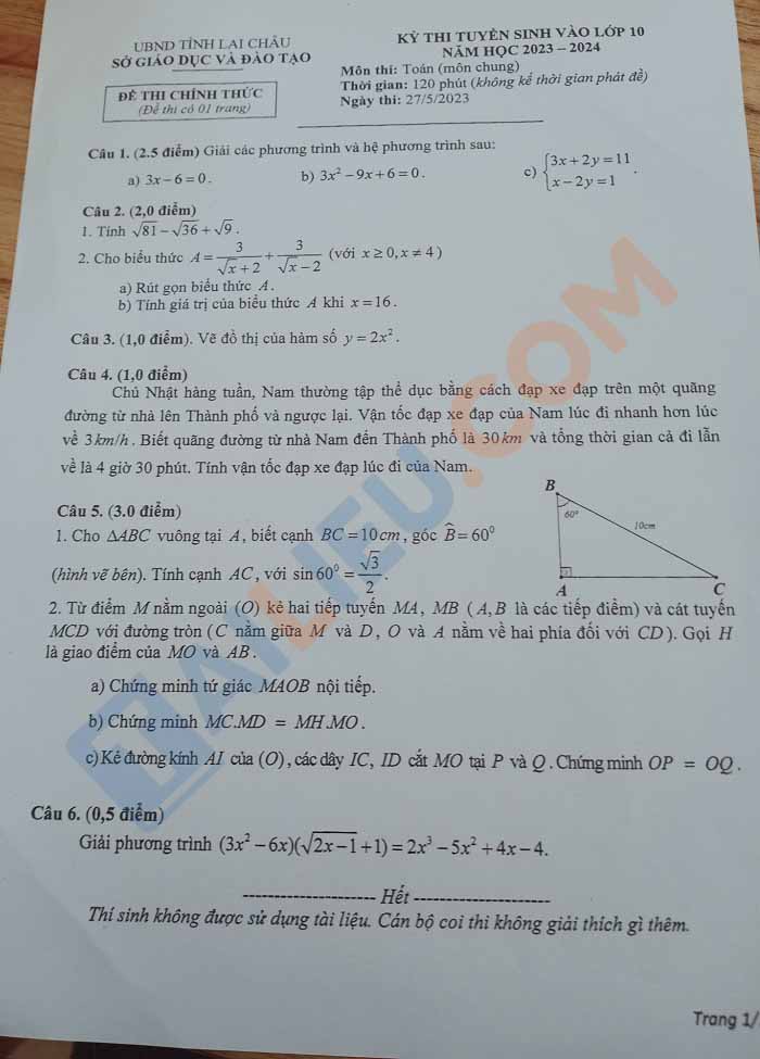 Đề tuyển sinh lớp 10 môn Toán 2023 Lai Châu​​​​​​​​​​​​​​​​​​​​​​​​​​​​ chính thức