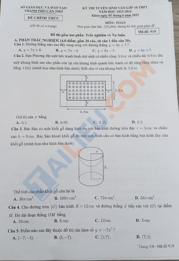 Đề tuyển sinh lớp 10 môn Toán 2023 Cần Thơ chính thức