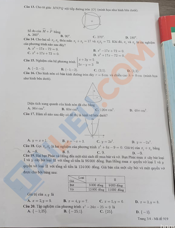 Đề tuyển sinh lớp 10 môn Toán 2023 Cần Thơ chính thức