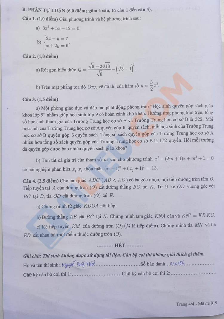 Đề tuyển sinh lớp 10 môn Toán 2023 Cần Thơ chính thức