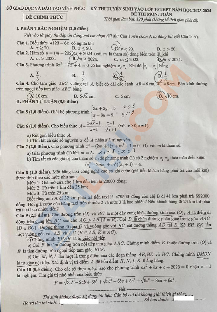 Đề tuyển sinh lớp 10 môn Toán 2023 Vĩnh Phúc chính thức