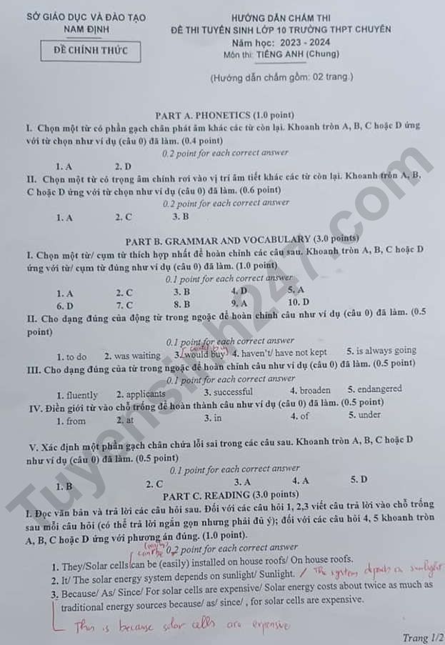 Đáp án đề thi vào lớp 10 môn Tiếng Anh năm 2023 THPT Chuyên Lê Hồng Phong - Nam Định