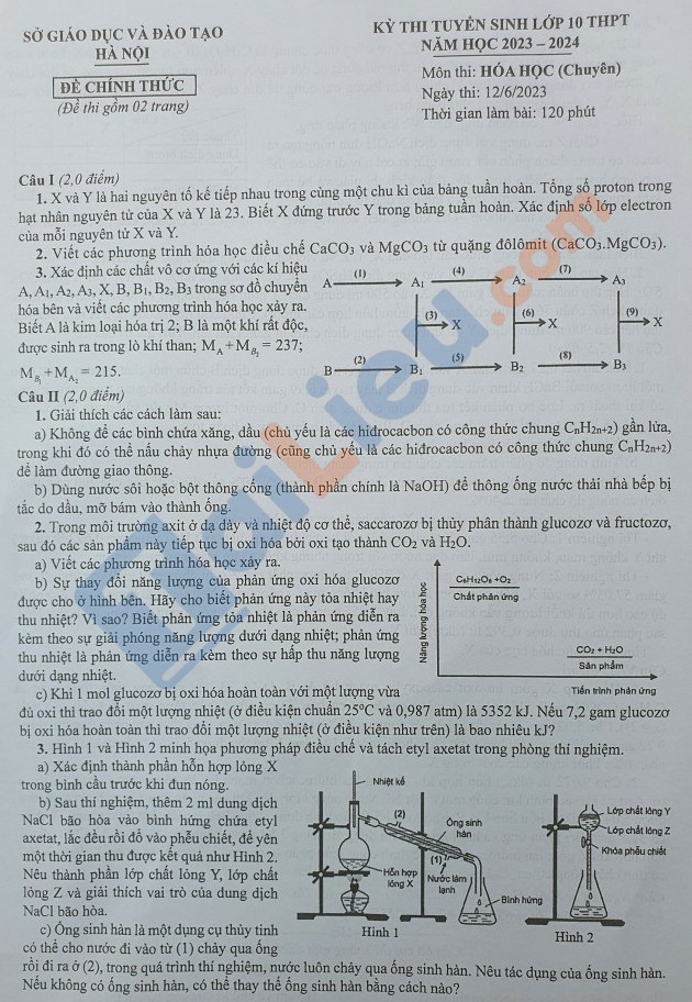 Đề Hóa (chuyên) thi vào 10 Hà Nội năm học 2023 - 2024_1