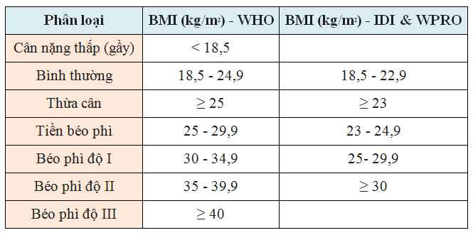 Bảng phân loại mức độ gầy - béo dựa vào chỉ số BMI